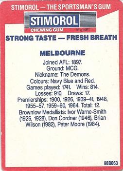1990 AFL Scanlens Stimorol #37 Melbourne Demons Back